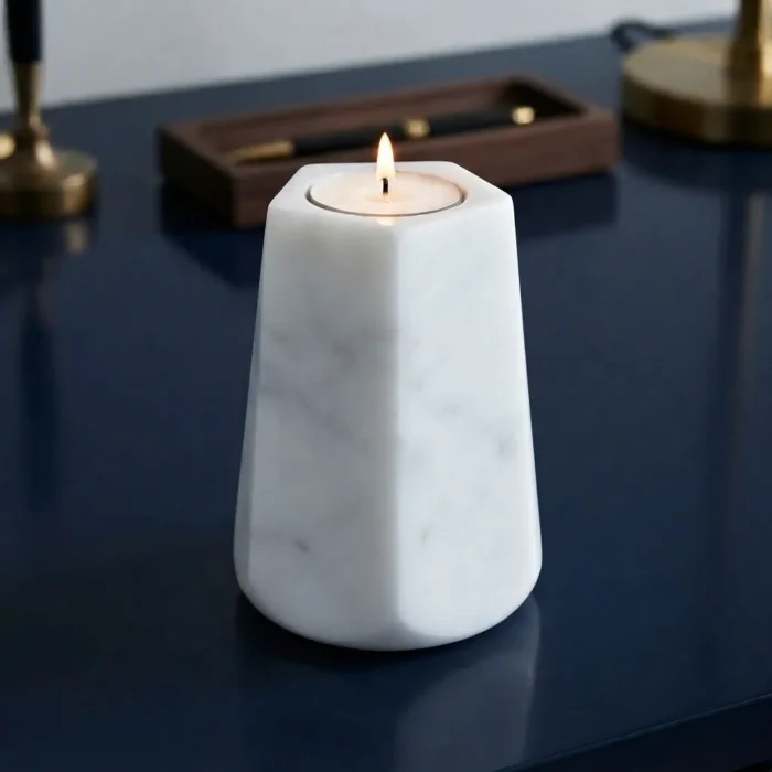 Beyaz Mermer Altıgen Tealight Mumluk