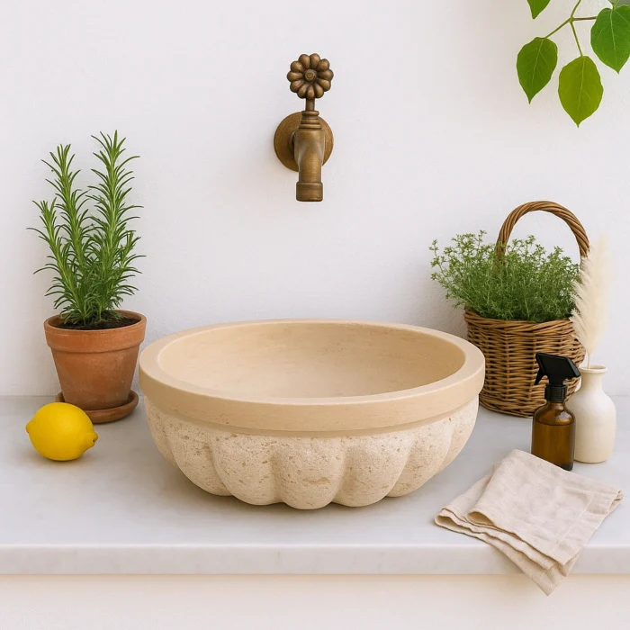 Oymalı Traverten Doğal Taş Yuvarlak Tezgah Üstü Lavabo
