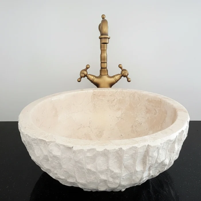 Bej Traverten Doğal Kırma Yüzey Yuvarlak Tezgah Üstü Lavabo