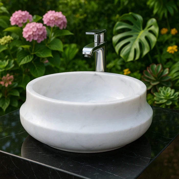 Beyaz Mermer Yuvarlak Kavisli Tezgah Üstü Lavabo